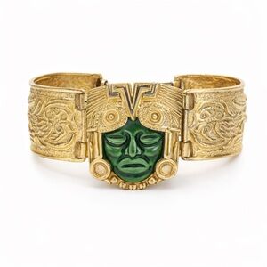 Vintage Salvador Teran Aztec Mask Cuff Bracelet Mexican Gold Hinge Bracelet